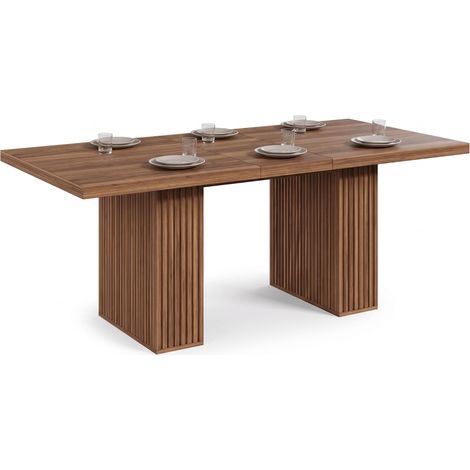 FurnitureR Table à manger extensible 150 à 190 cm, 6 à 8 personnes, plateau MDF effet noyer foncé 3 cm, pieds cannelés, 2 rangements (1/4)
