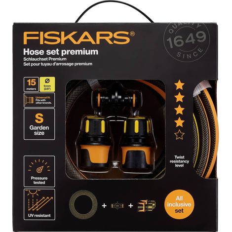 Fiskars – Tuyau d'arrosage 15 m – Diamètre 9 mm – Résistant aux torsions – Raccords rapides inclus – Pour espaces confinés