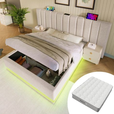 Lit rembourré 180x200, lit double avec rangement, éclairage LED et fonction de chargement USB-C, cadre de lit à lattes, lin, beige, sans table de chevet (avec matelas), garantie 2 ans