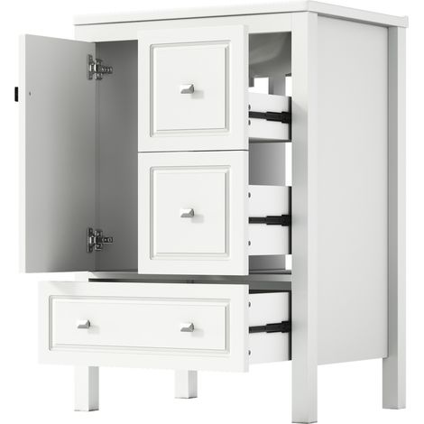Freistehender Waschtisch 62x47x90 cm weiß mit Keramikbecken, MDF, 1 Tür, 3 Schubladen (1/5)