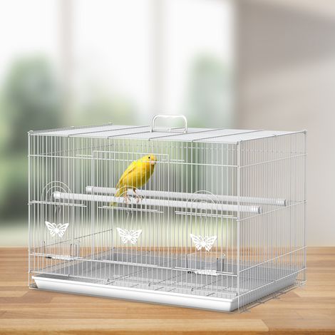 Jaula para pájaros con 2 perchas y 3 entradas, jaula tipo aviario con bandeja y 2 comederos, fabricada en alambre metálico y plástico, 60x41x41 cm, blanca.