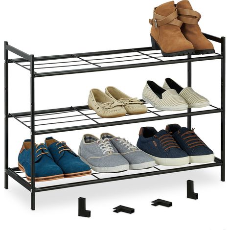 Relaxdays Metall Schuhregal, 3 Ebenen, erweiterbar, Flur Schuhgestell HBT 50 x 70 x 26 cm, 9 Paar Schuhe, offen, schwarz