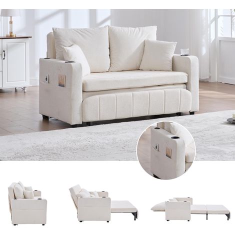 Canapé multifonctionnel en tissu, canapé pliant extensible, utilisable comme canapé ou lit, avec poches de rangement sur les accoudoirs, fonction de chargement USB et porte-gobelets (chenille beige)