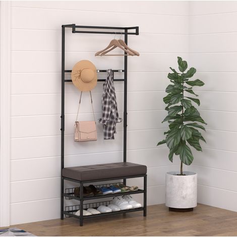 Eingangs-Garderobe mit Bank, Kleiderständer und Schuhregal 72,5 x 35 x 180 cm schwarz HAVRYA (1/5)