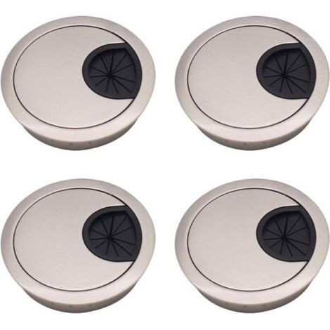 Set of 4 zinc alloy cable grommets, 53mm – Brushed silver recessed covers – For desks and worktops (1/5)