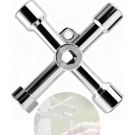 Clé Multifonction 6-en-1 avec Clé Triangle Cle Pompier pour Compteurs Gaz Armoires Électriques Robinetterie, Argent (1/5)