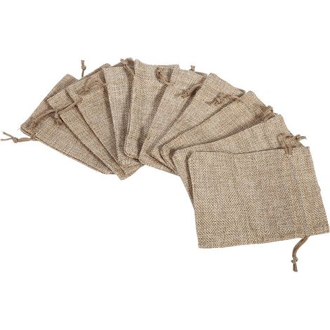 Paquete de 10 bolsas de yute con cordón, de arpillera natural, para bodas y cumpleaños. (1/5)