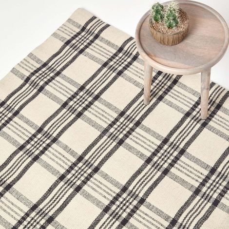 HOMESCAPES Logan Black and White Tartan Check Non-Slip 100% Wool Rug, 150 x 240 cm
