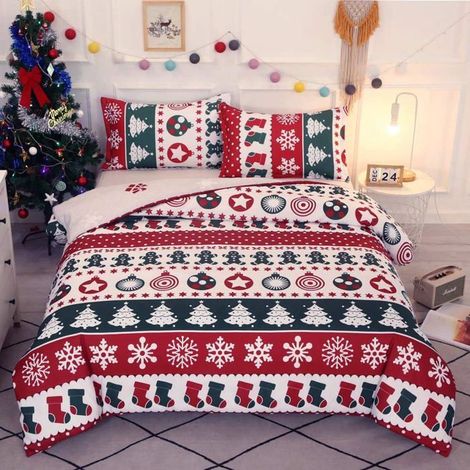 Housse de couette à motif patchwork de Noël 200x200cm avec 2 taies d'oreiller,avec fermeture éclair pour 2 personnes (1/4)