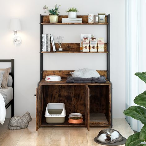 Grande armoire cache-litière pour chat avec étagère de rangement, meuble toilette dissimulé, maison en bois robuste à 2 portes avec griffoir, contrôle des odeurs, marron