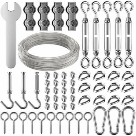 30m Corde en Acier Inoxydable à Suspendre Kit,2mm Câble en acier inoxydable revêtu avec Tendeur et Crochets,pour Suspension Lumineuse,plante grimpante,corde a linge,rideau pergola,rambarde.