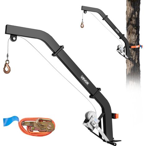 Palan à Cerfs Monté sur Arbre, Charge 160 kg, avec Treuil à Manivelle, Sangle à Cliquet Réglable, Cintre Robuste, pour Levage, Nettoyage, Dépeçage de Gibier de Chasse, Alimentation Ferme, Noir (1/5)