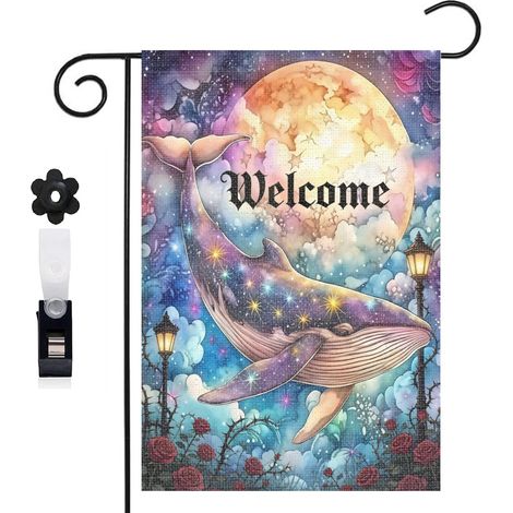 Drapeau de jardin bienvenue 30 x 45 cm motif baleine et ambiance océanique toile double face (1/5)
