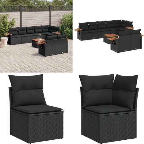 Set Divani da Giardino 9 pz con Cuscini Nero in Polyrattan - Poltrona da giardino - Tavolo da giardino