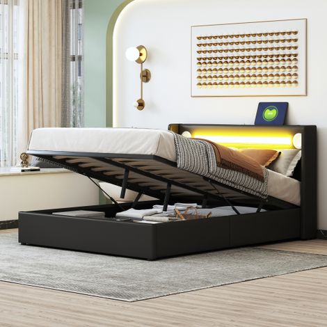 Polsterbett Kinderbett  Bett mit LED-Lichtleiste, Bluetooth-Player und USB-Aufladung, PU-Leder-Aufbewahrungsbett, Hochbettkasten, Jugendbett mit Lattenrost