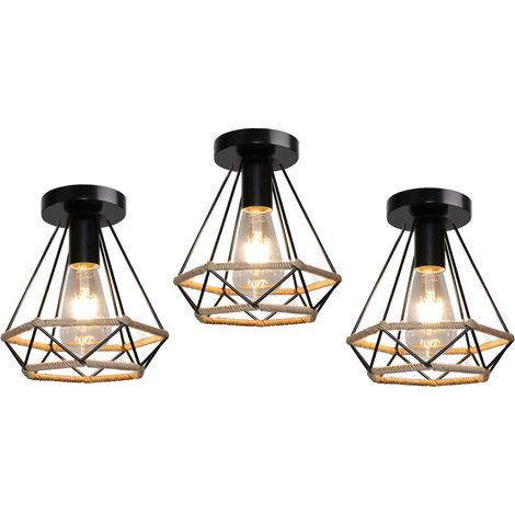Rétro Vintage Plafonnier Industrielle Cage Diamant en Corde de Chanvre E27 20cm Noir - 3PCS (1/5)