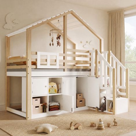 Cama infantil tipo loft 90x200 cm con almacenaje y escalera, blanca y madera DESVIAE (1/5)