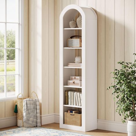 Tribesigns Bibliothèque haute arquée de 190 cm, étroite à 6 niveaux et ouverte, étagère de rangement d'angle au sol pour petit espace, bureau à domicile, salon (Blanc, 1 pièce) (1/5)