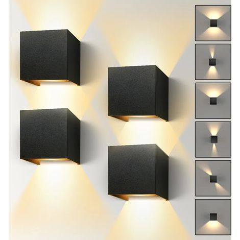Set mit 4 LED-Wandleuchten 12W, für den Innen- und Außenbereich geeignet, verstellbare Abstrahlhöhe, warmes Licht, Farbe Schwarz.