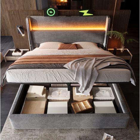 Lit coffre hydraulique 180x200 cm avec tête de lit haute, LED, USB/Type-C, gris (1/5)