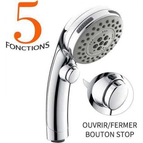 Chrome Shower Head with Stop Button, 5-Jet Hand Shower, Anti-Limescale Nozzles, Universal Type (1/5)