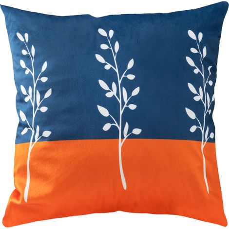 Funda de almohada decorativa de 43x43 cm, de suave terciopelo, color naranja con ramitas. (1/2)