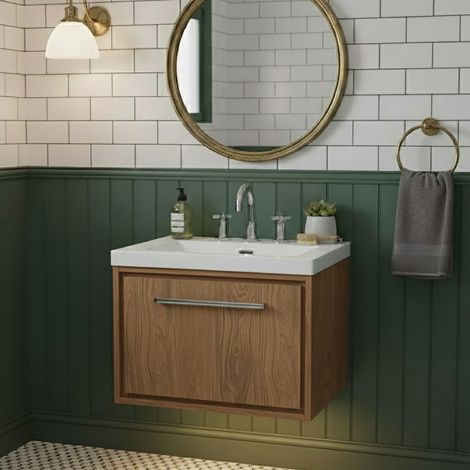Hudson Reed Lille Wall Hung 1-Drawer Vanity Unit with 3TH Contemporary Basin 600mm Wide - Antique Oak (1/5)