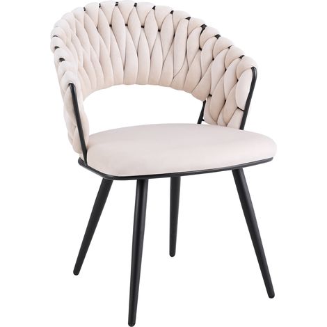 Lot de 2 Chaises Salle à Manger Velours Beige Dossier Tressé Métal Noir CAROLINA (1/5)