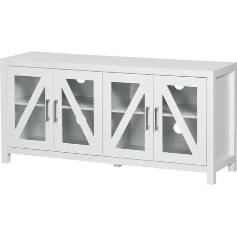 Meuble TV avec 4 portes verre étagères ajustables 130x35x60 cm blanc