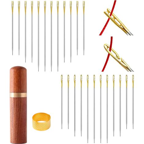 48 Pièces aiguilles couture, Aiguilles à Enfiler Faciles, 3 Tailles Aiguilles Auto-Enfilantes, avec 1 boîte à aiguilles en bois et 1 dé à coudre, pour DIY Fournitures de Broderie Couture (1/5)