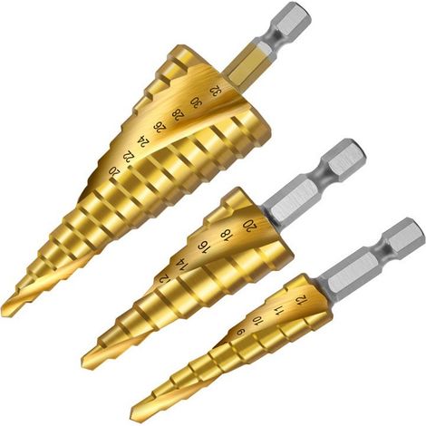 Sollbry 3PCS Foret Étagé Rainuré en Spirale, 4-12/20/32mm Fraise Meche Etage Metal Acier Rapide Revêtu de Titane HSS pour Percer dans Acier, Laiton, Bois (1/4)