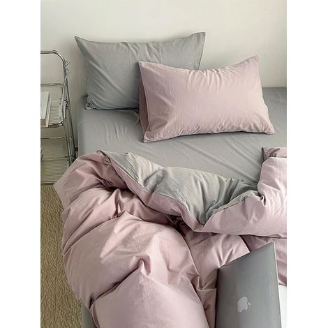 Parure de lit housse de couette bicolore couleur unie en coton 100 % effet soyeux doux sur la peau différentes tailles rose pierre double 2 taies d'oreiller (1/5)