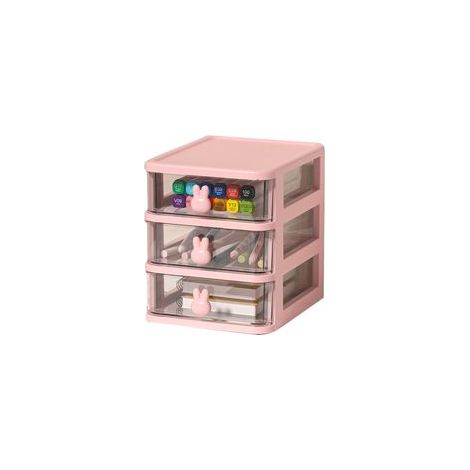 Scatola portaoggetti da scrivania a più livelli, in plastica trasparente, di grande capacità, con maniglia a forma di coniglio e piccolo cassetto, ideale per riporre libri e penne (Rosa, 3 livelli, 13
