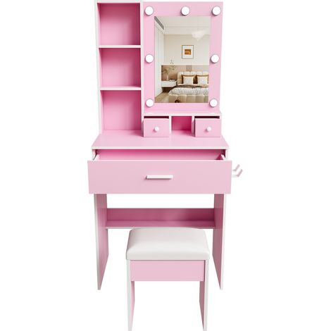 Coiffeuse avec miroir LED, prise et tabouret, rose (1/5)