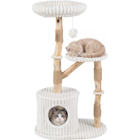 COSTWAY Arbre à Chat Bois Massif 105 cm, 2 Plateformes, Condo, Blanc (1/5)