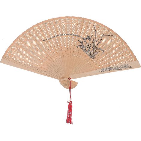 Éventail pliable en bois de santal, élégant et ancien, joli éventail ajouré pour la décoration estivale (Orchidée)-58x23x1cm