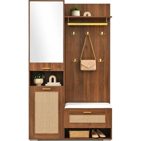 Meuble d'entrée avec miroir, banc, crochets dorés, LED 16 couleurs et rangements, bois foncé, idéal pour le couloir et les petits espaces CHICFURN (1/5)