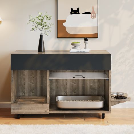 Meuble cache-litière mobile – avec gamelles pour chat, bac récupérateur de sable et panneau perforé avec crochets, sans litière incluse, 100×45,5×67 cm, coloris gris brun antique / chêne