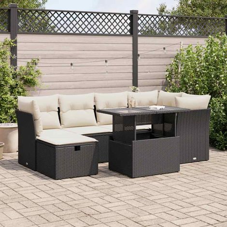 Ensemble Salon Jardin 7 Pièces Résine Tressée Noir avec Coussins Crème - 4 Fauteuils d'Angle, 2 Sièges Centraux, Table Verre Trempé Réglable (1/5)