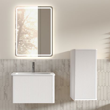 Ensemble de meubles de salle de bains avec miroir LED, largeur 60 cm, meuble sous vasque suspendu avec lavabo, miroir de salle de bains carré, ensemble de meubles de salle de bains moderne avec meuble (1/4)