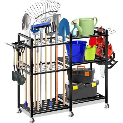 Étagère à outils de jardin en métal - Étagère de rangement robuste avec 6 roulettes - Support à outils stable pour jardin, garage, cave et atelier - Étagère de rangement robuste pour outils de (1/5)