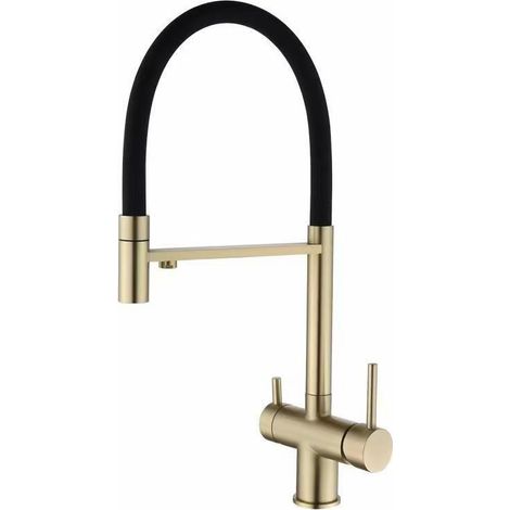 [MAI USATO]Rubinetto da cucina in ottone con filtro per l'acqua, rubinetto per la filtrazione dell'acqua potabile a doppio beccuccio, rotazione di 360 gradi, rubinetto per lavaggio pulito (oro spazzol (1/5)