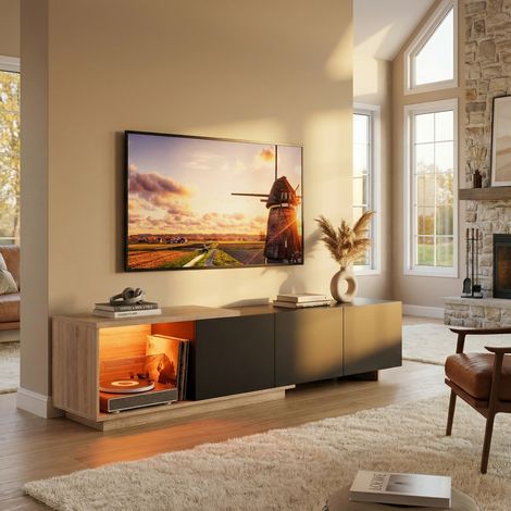 Meuble tv 163-240cm , Meuble Télé avec 4 Tiroirs, Console TV avec Réglable LED, Armoire bas tv, Table Télé, blanc, pour Salon, Chambre, pour Télévision jusqu'à 65 Pouces (1/5)