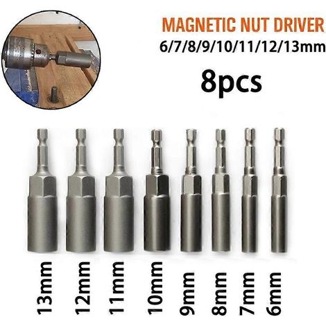 Lot de 8 embouts de vissage à percussion de 80 mm pour tournevis, adaptateur magnétique hexagonal 1/4" avec vis et écrou de percussion pour clés à chocs (1/5)