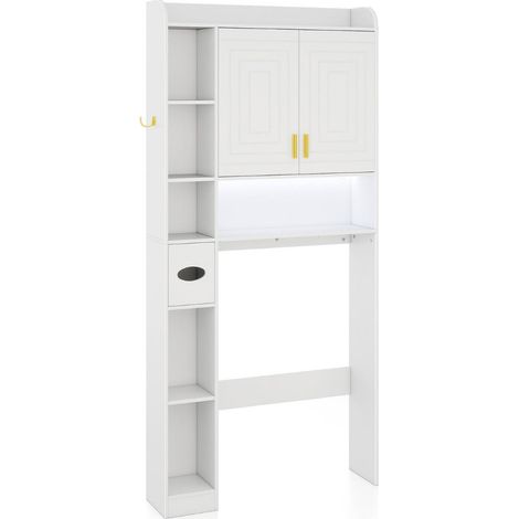 Étagère au-dessus des toilettes meuble de rangement autoportant 80 x 20 x 171 cm avec éclairage LED finition blanche en MDF