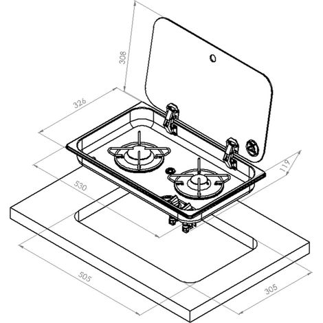 Quemador de gas empotrado con tapa de acero inoxidable, 2 fuegos, 530 × 326 - Navy Load