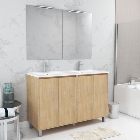 Mobile Bagno 120 cm Rovere Chiaro 4 Ante, Lavabo doppio, 2 Specchi 60x80 e Applique Led - XENOS