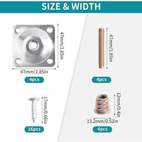 Set mit 4 Metall-Beinbefestigungsplatten inklusive Schrauben und Bolzen, M8-Befestigungsplatten für Möbelbeine, Montagehalterungen für Sofabeine, Tischbeine, Sessel, Stühle, Möbel (Silber) (1/4)