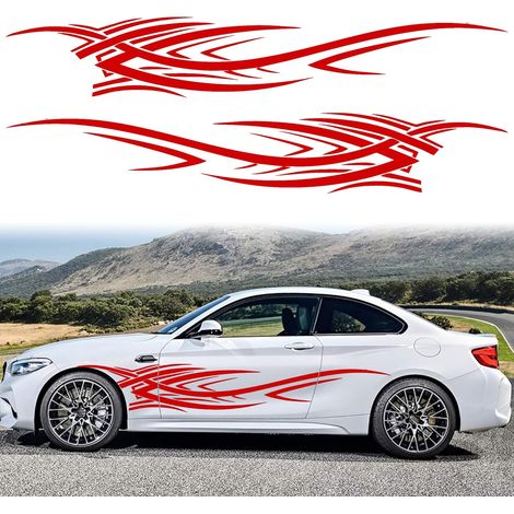 Lot de 2 autocollants latéraux de carrosserie (rouges) de 94,4 pouces avec motif flamme. (1/5)
