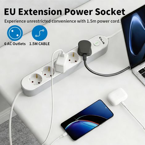 Multiprise CILIA 6 Prises Anglées Anti-Surtension avec Rangement Câbles Intégré Interrupteur LED Blanc Design Compact pour Maison (1/5)